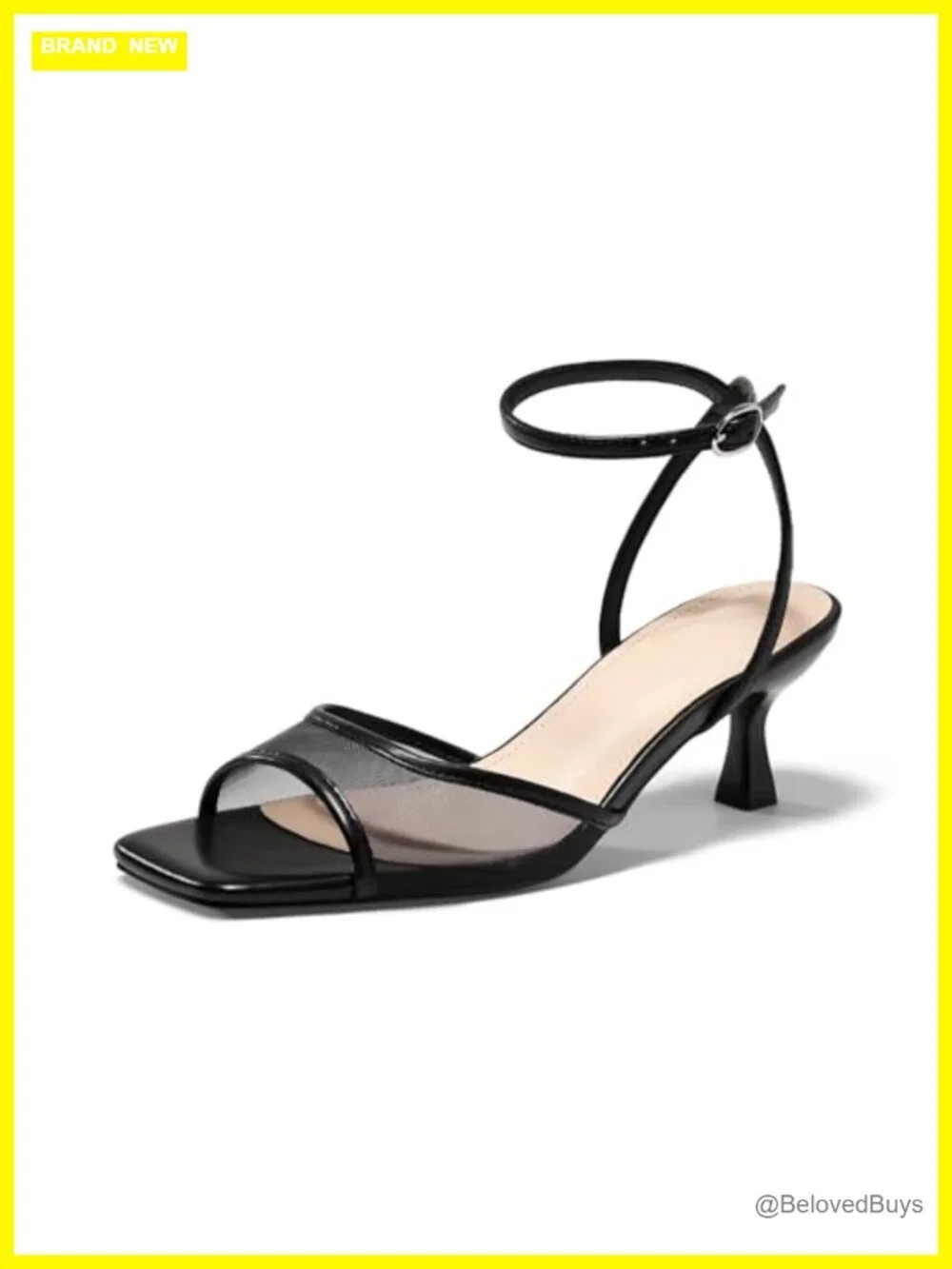 Womens Strappy Kitten Heel Sandals Mesh Square Open Toe Ankle Strap Dress Shoes